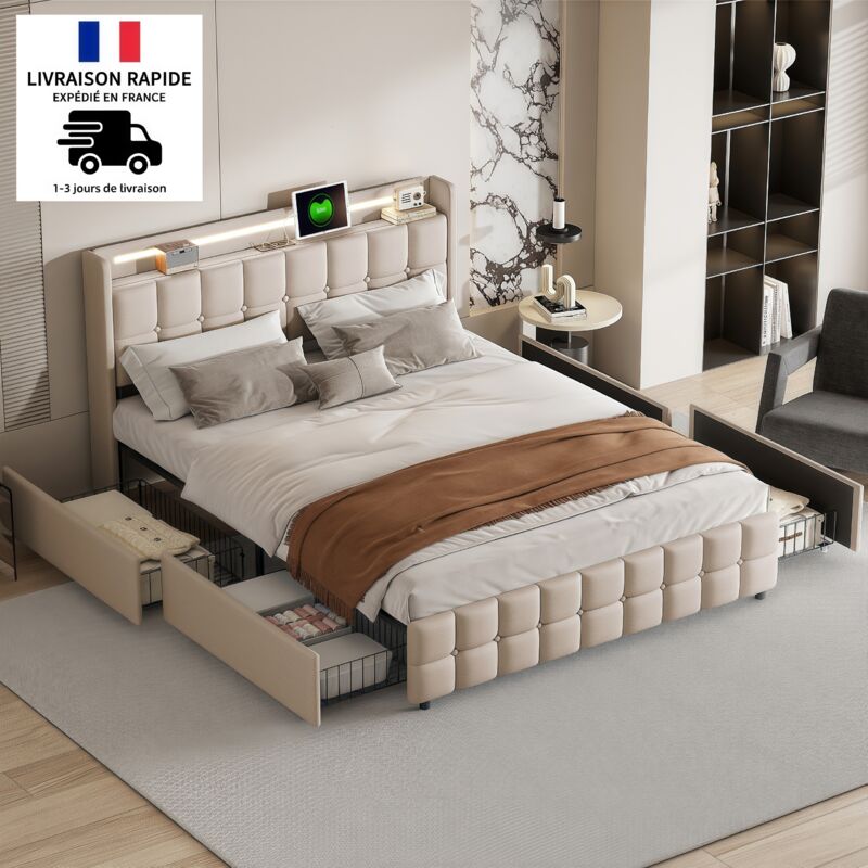 Lit double avec tiroirs 140x200cm - avec 4 tiroirs et tête de lit, port de recharge usb et Type-C, sommier à lattes, avec éclairage led, rangements,