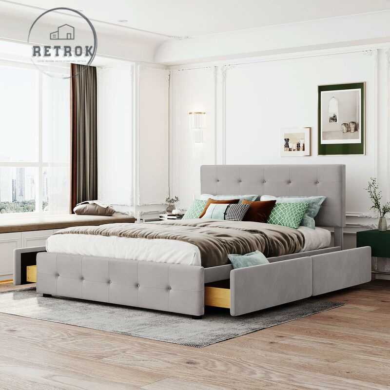 Retrok - Lit avec tiroirs double capitonné 140x200cm - avec 4 tiroirs, sommier à lattes, tête de lit, velours, style scandinave -lit adulte Gris