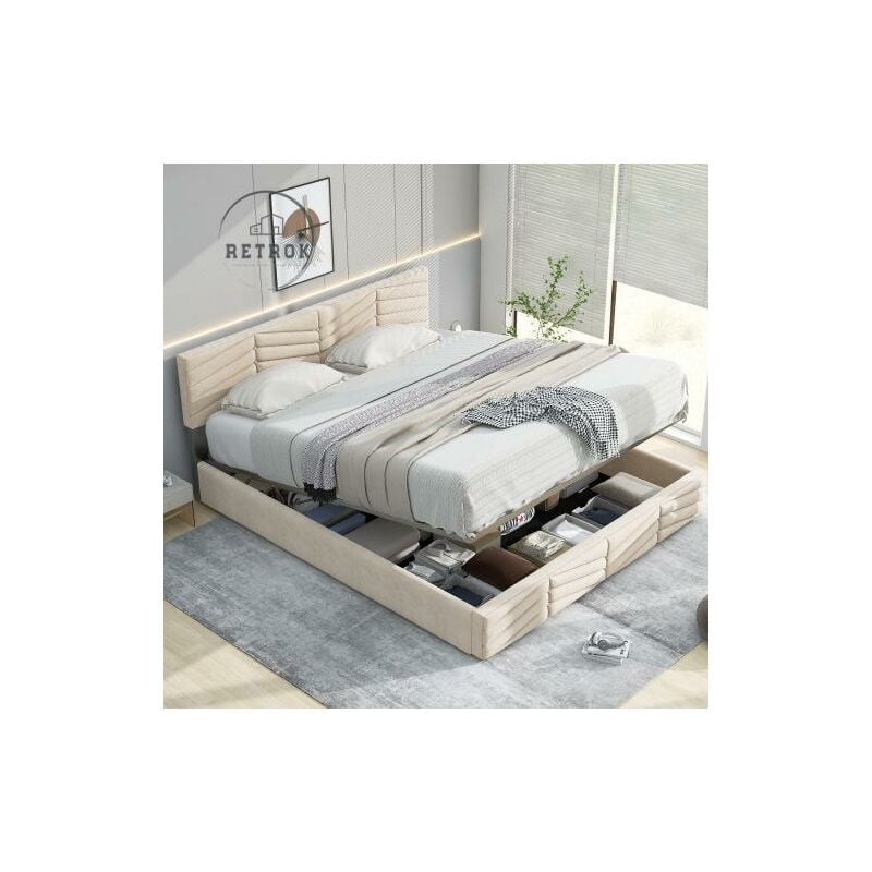 Retrok - Lit coffre double 140x200cm pour 2 places, Lit hydraulique en velours, Style rayure, Tête de lit réglable en hauteur, Beige