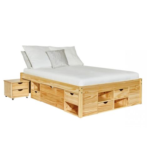 Lit avec tiroirs en pin massif finition naturelle 146x209 cm – 4 tiroirs et 1 étagère – 2 sommiers à lattes inclus – Inter Link