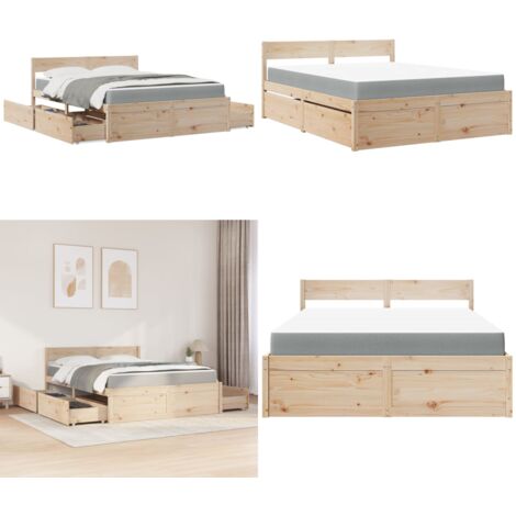 Lit avec tiroirs et matelas 140x200 cm bois massif de pin - Lit Double - Lit Plateforme - Lit Avec Rangements - Matelas Ressorts Ensachés - Meuble Chambre À Coucher - Home & Living