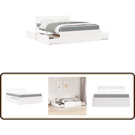 Lit avec tiroirs et matelas blanc 140x200 cm bois massif de pin - Lit Double - Lit Plateforme - Lit Avec Rangements - Meubles De Chambre - Literie