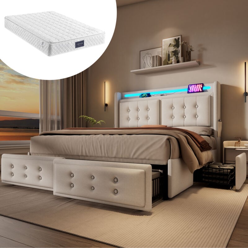 Wishdor - Lit avec tiroirs Lit adulte et ados 140 x 200 cm avec tête de lit led et fonction de chargement usb c et 4 tiroirs, coton, beige, matelas