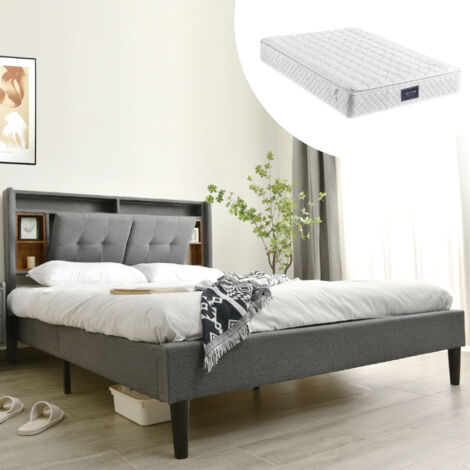 Lit avec tiroirs Lit Capitonné 140 x 200 cm. Tête de Lit. USB. LED. Gris. Matelas Inclus
