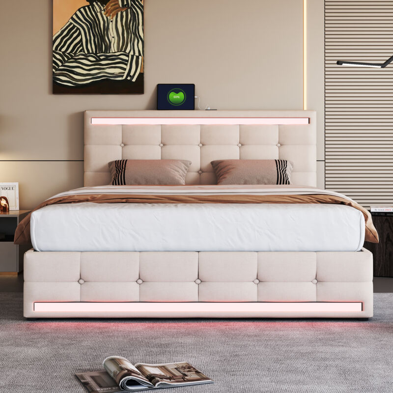 Lit avec tiroirs Lit capitonné 140x200 cm. 4 tiroirs et 2 stations de recharge usb. led. Beige