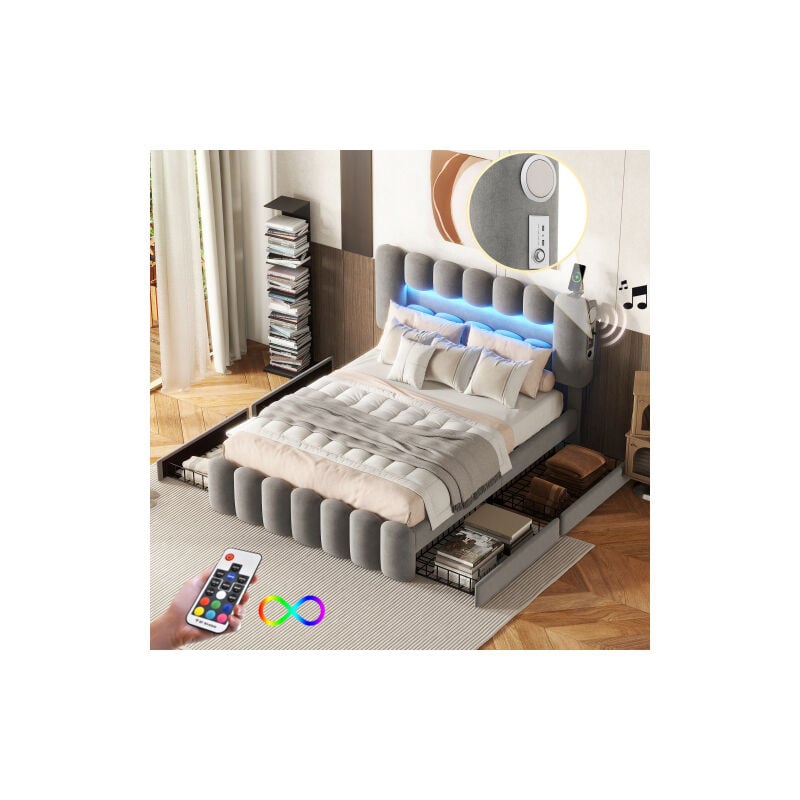 Lit 140x200 cm avec 4 tiroirs, lit adulte 140x200 cm, lit capitonné avec led avec usb et système stéréo, velours, gris, sans matelas