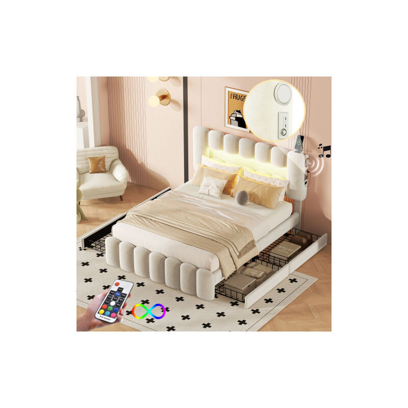 Lit 140x200 cm avec 4 tiroirs, lit adulte 140x200 cm, lit capitonné beige avec led avec usb et système stéréo, velours, sans matelas