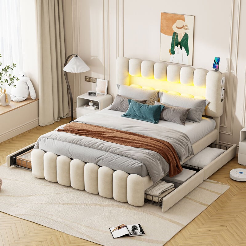 Lit 160x200 cm avec 4 tiroirs, lit adulte 160x200 cm, lit capitonné beige avec led avec usb et système stéréo, velours, sans matelas