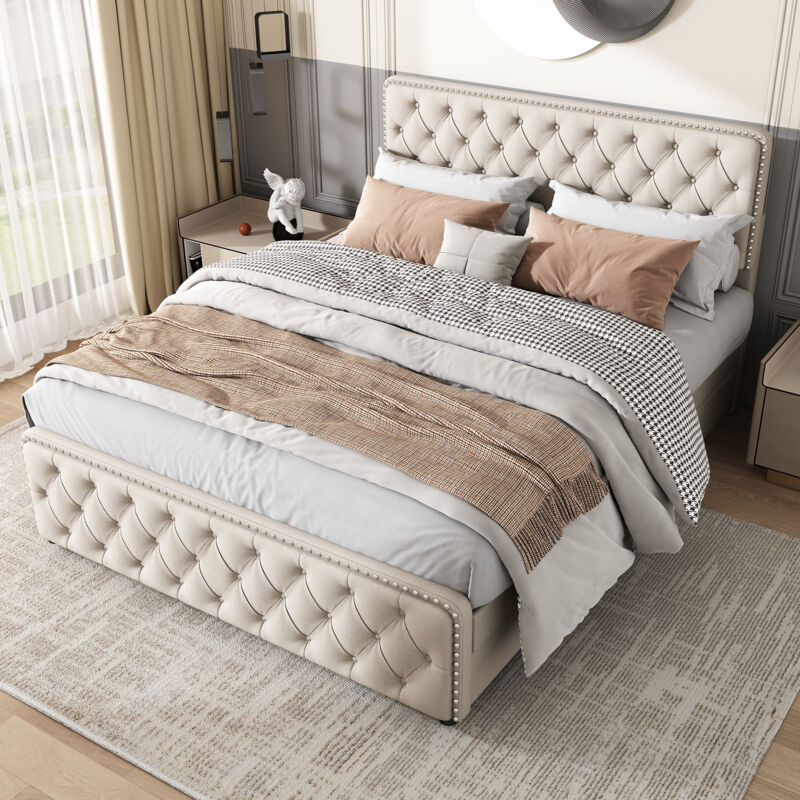 Lit avec tiroirs Lit capitonné double 160 x 200 cm avec 4 tiroirs, tête de lit réglable en hauteur, lin, beige