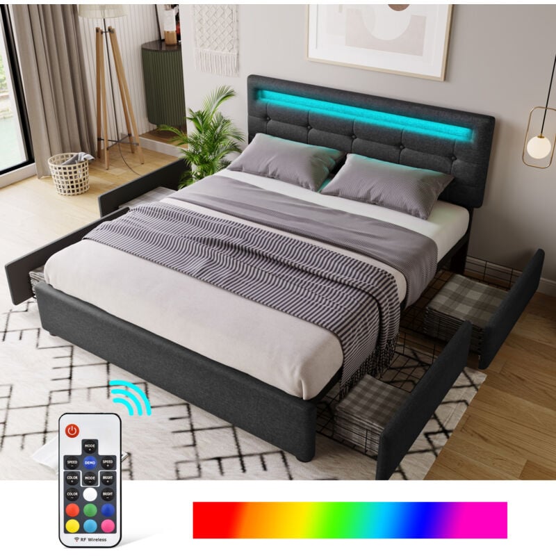 Lit avec tiroirs Lit capitonné. led et 4 tiroirs. 140 x 200 cm. tête de lit réglable. Noir. Sans Matelas