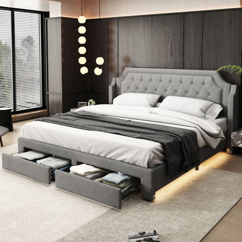 Lit avec tiroirs Lit double Lit adulte 180 x 200 cm avec 2 tiroirs et led, en lin, gris, sans matelas