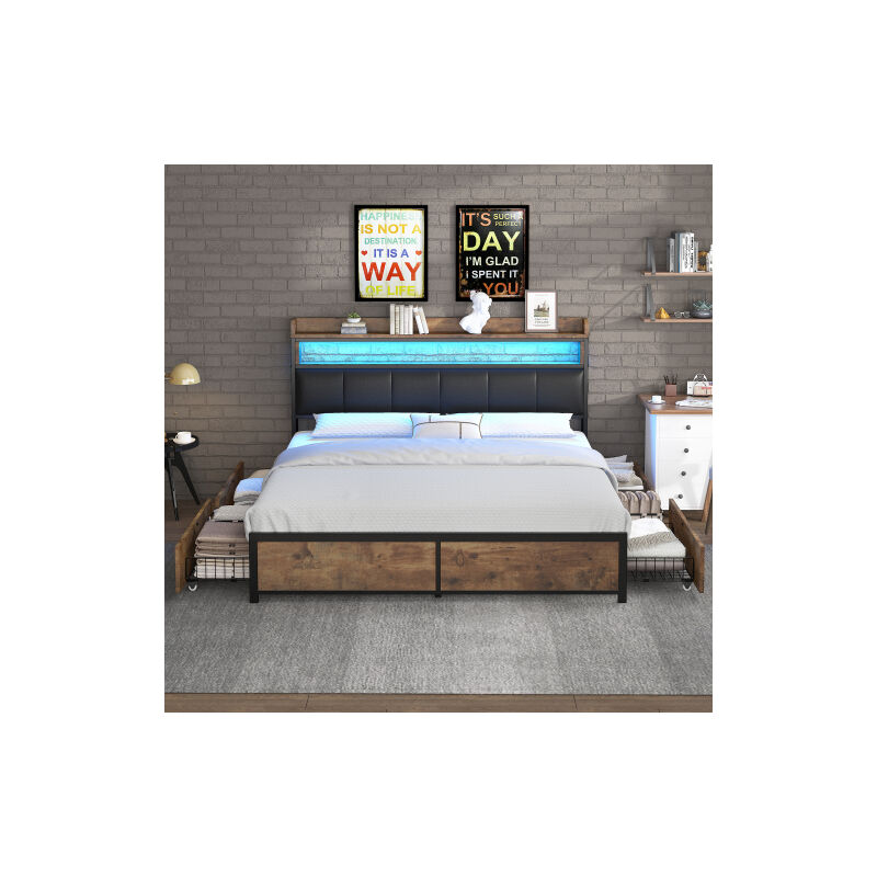 Lit avec 4 tiroirs Lit capitonné Lit adulte 160 x 200 cm avec sommier à lattes et tête de lit, noir, sans matelas