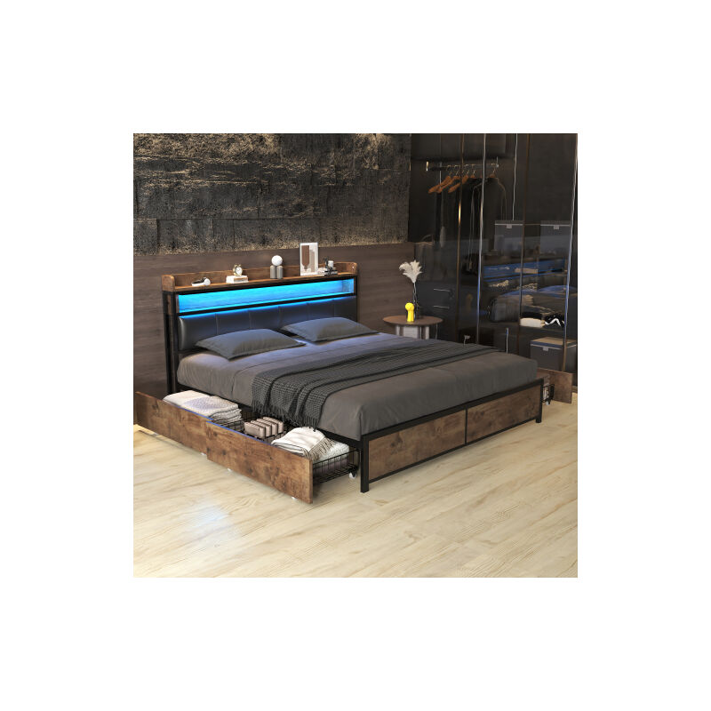 Lit avec 4 tiroirs Lit capitonné Lit adulte 180 x 200 cm avec sommier à lattes et tête de lit, noir, sans matelas