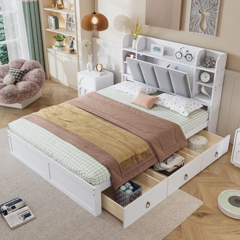 Lit avec tiroirs Lit double Lit adulte 140 x 200 cm avec étagère ouverte, 3 tiroirs, blanc et gris