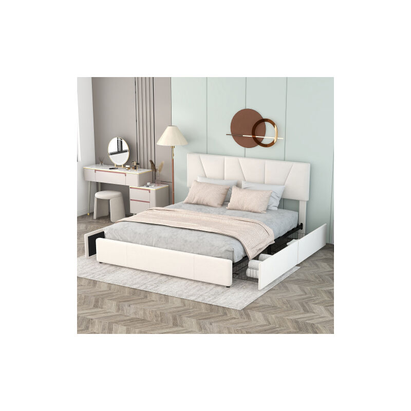Lit 140x200 cm avec 4 tiroirs, lit rembourré 160x200 cm, lit adulte avec tête de lit réglable, beige, sans matelas