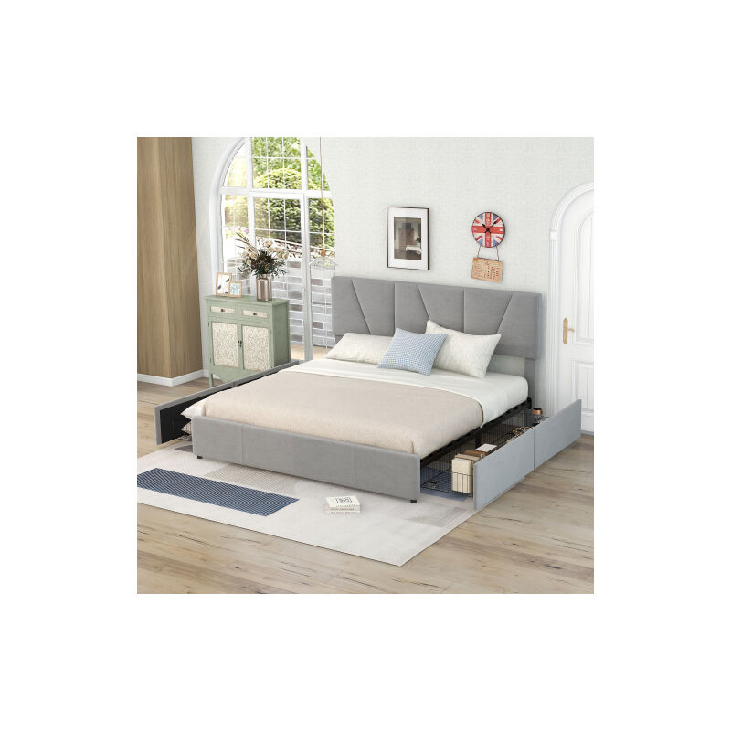 Lit 140x200 cm avec 4 tiroirs, lit rembourré 160x200 cm, lit adulte avec tête de lit réglable, gris, sans matelas