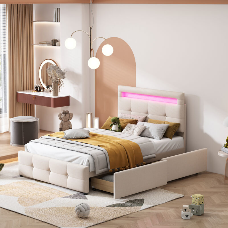 Lit avec tiroirs Lit rembourré 90x200 cm avec led. 2 tiroirs. Lin. Beige