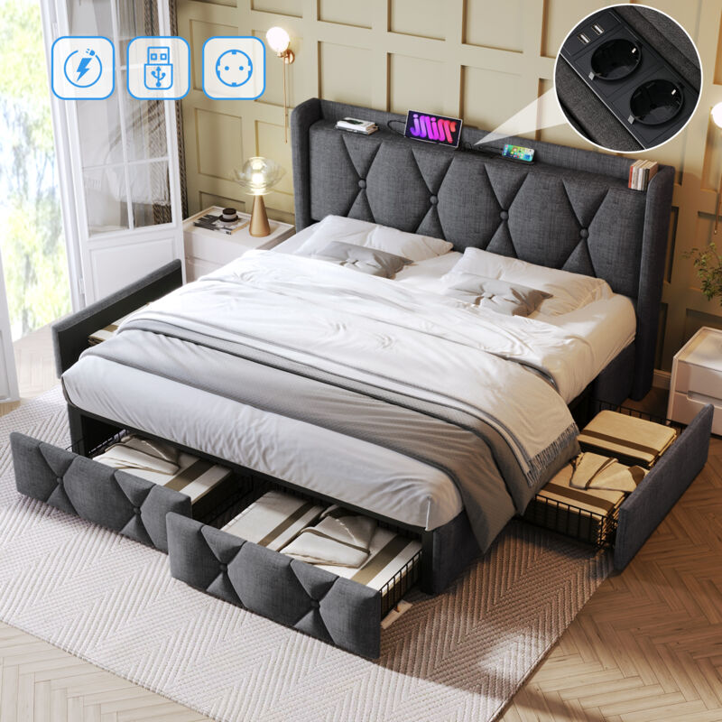 Lit avec tiroirs, Lit adulte rembourré double, 4 tiroirs, USB, lin, bois, gris foncé, 160 x 200 cm, Sans Matelas