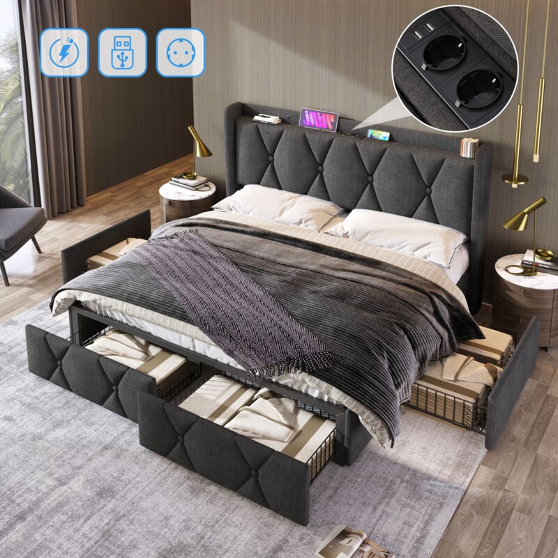Lit 140x200 cm avec tiroir, lit capitonné, cadre de lit avec 4 tiroirs et chargement USB, sommier à lattes en bois, gris, sans matelas