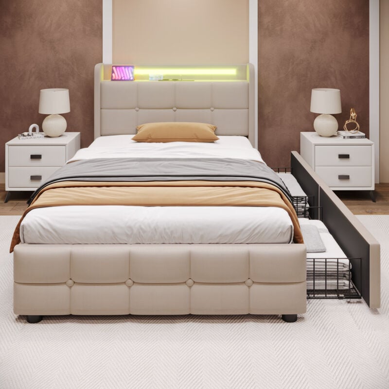 Lit 90x200 cm avec tiroir, lit adulte led, lit capitonné beige avec fonction de chargement usb, cadre de lit avec 2 tiroirs, sans matelas