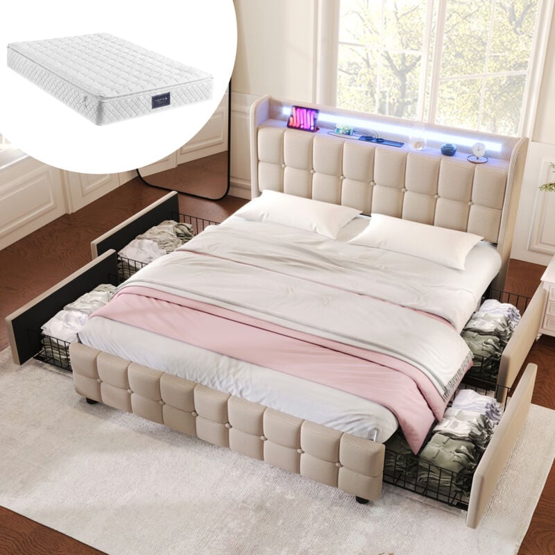 Lit 160x200 cm avec tiroir, lit adulte led, lit capitonné beige avec fonction de chargement usb, cadre de lit avec 4 tiroirs, matelas inclus