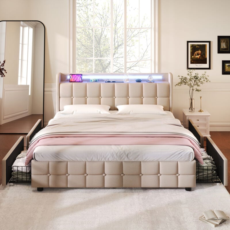 Lit 160x200 cm avec tiroir, lit adulte led, lit capitonné beige avec fonction de chargement usb, cadre de lit avec 4 tiroirs, sans matelas