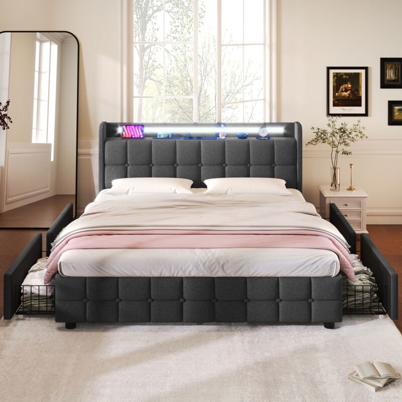 Lit 180x200 cm avec tiroir, lit adulte led, lit capitonné gris avec fonction de chargement usb, cadre de lit avec 4 tiroirs, sans matelas