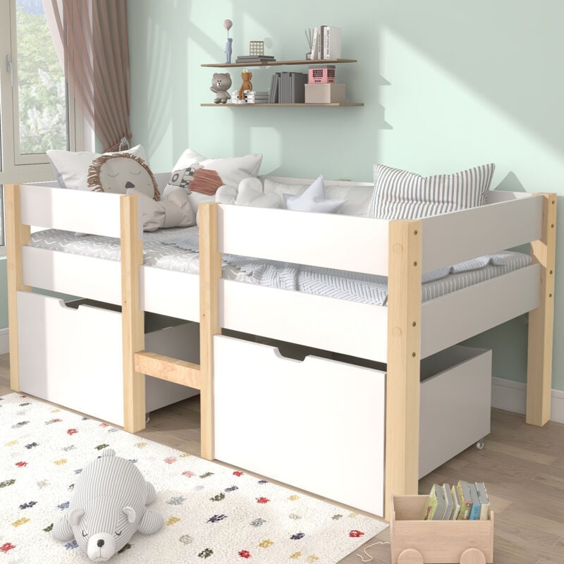 Modfu - Lit avec tiroirs 90x190cm, Lit simples pour enfants, sommier à lattes, bois, sans matelas, blanc + naturel