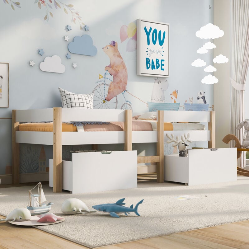 Modfu - Lit avec tiroirs 90x200cm, Lit simples pour enfants, sommier à lattes, bois, sans matelas, blanc + naturel
