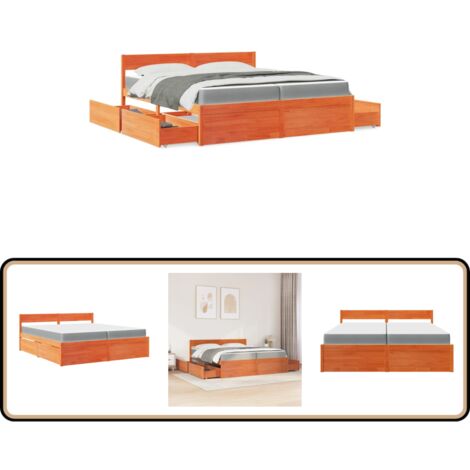 Lit avec tiroirs/matelas cire marron 200x200 cm bois massif pin - Lit Double - Lit Coffre - Meuble Chambre - Sommier Tapissier - Meubles Bois