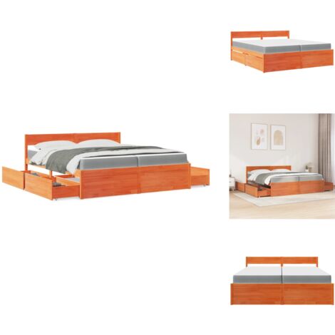 Lit avec tiroirs/matelas cire marron 200x200 cm bois massif pin - Lit Double - Lit Coffre - Meuble Chambre - Sommier Tapissier - Meubles Bois