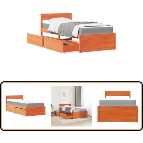 Lit avec tiroirs/matelas cire marron 90x200 cm bois massif pin - Lit Double - Lit Plateforme - Lit Coffre - Meuble Chambre - Literie