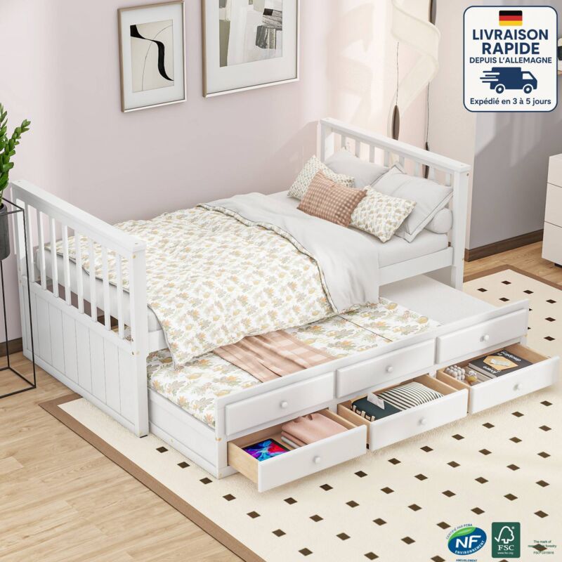 Lit avec tiroirs pour enfants 90x200cm et 90x190cm, lit gigogne, 3 tiroirs, en bois, sans matelas, blanc