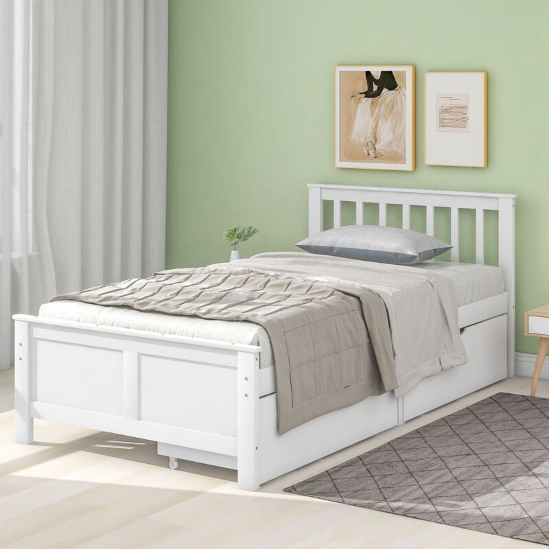 Lit avec tiroirs simples pour adultes/enfants 90x200 cm avec 2 tiroirs, sommier à lattes, bois, sans matelas, blanc