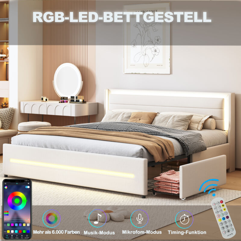 Lit avec tiroirs, tissu lin, lit double adulte avec 4 tiroirs, sommier à lattes, led, 160x200 cm, beige