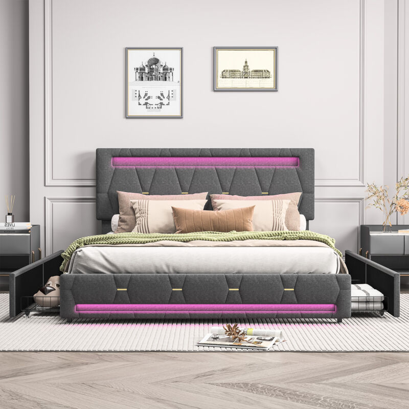 Pergar - Lit 160x200 avec tiroirs,lit double 160x200,lit capitonné,lit adulte,avec bande lumineuse led, lin, gris