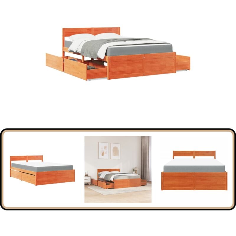 Lit avec tiroirs/matelas cire marron 120x200 cm bois massif pin - Lit Double - Lit Coffre - Lit Avec Rangements - Lit Bois Massif - Lit Design