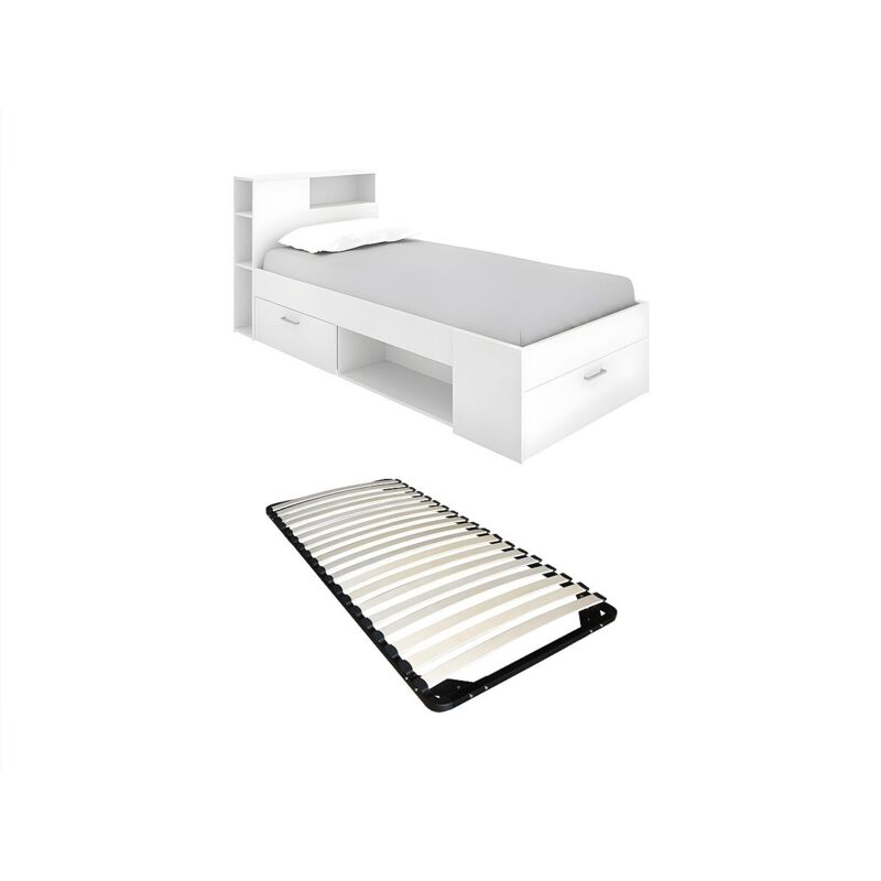 Lit avec tête de lit rangements et tiroir - 90 x 190 cm - Blanc + Sommier - leandre