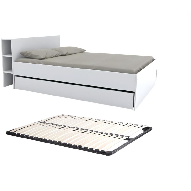 Lit avec tête de lit rangements et tiroirs 140 x 190 cm - Blanc + Sommier - eugene