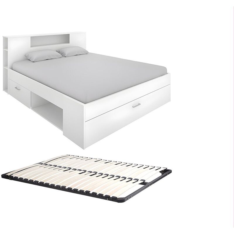 Vente-unique - Lit avec tête de lit rangements et tiroirs - 140 x 190 cm - Coloris : Blanc + Sommier - leandre
