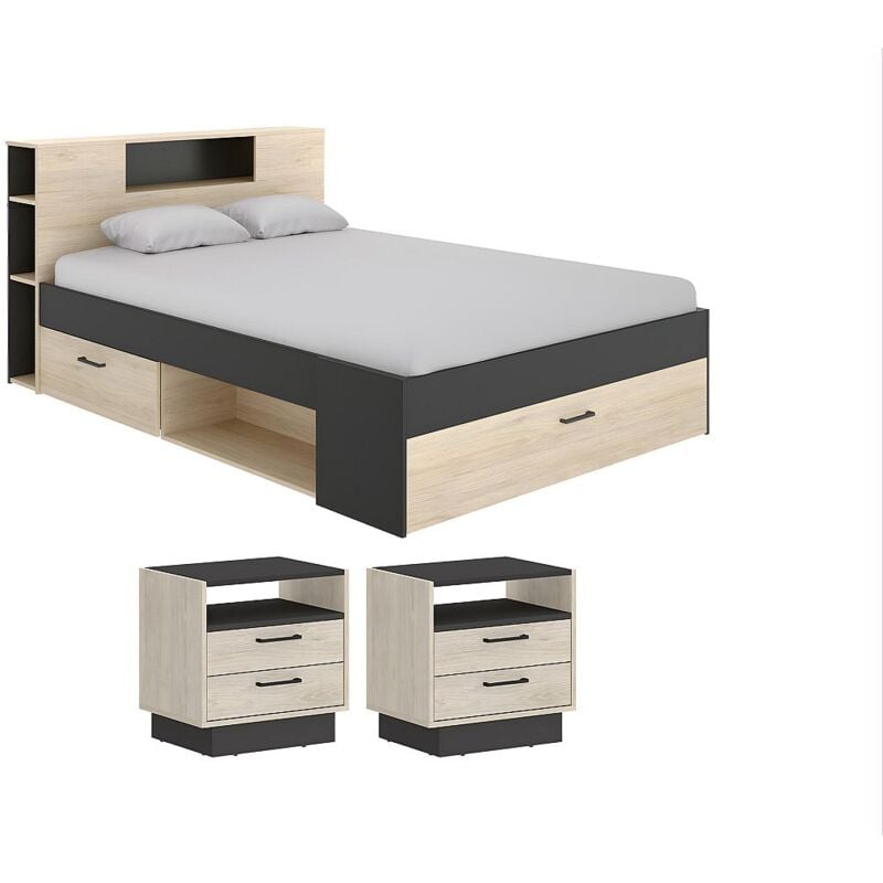 Lit avec tête de lit rangements et tiroirs - 160 x 200 cm - Coloris : Naturel et anthracite + Chevets - leandre