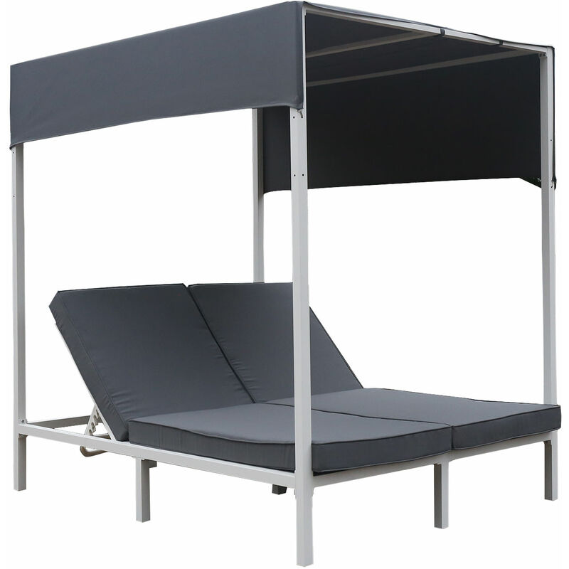 Happy Garden - Lit à baldaquin d'extérieur barbados - aluminium blanc/coussins gris