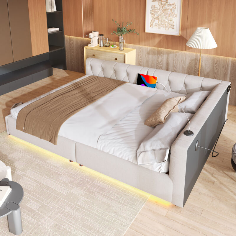 Lit Banquette 140×200 cm, Lit Double avec LED Réglable, USB, Type-C et Tête de Lit Capitonnée, sans Matelas, en Lin, Beige