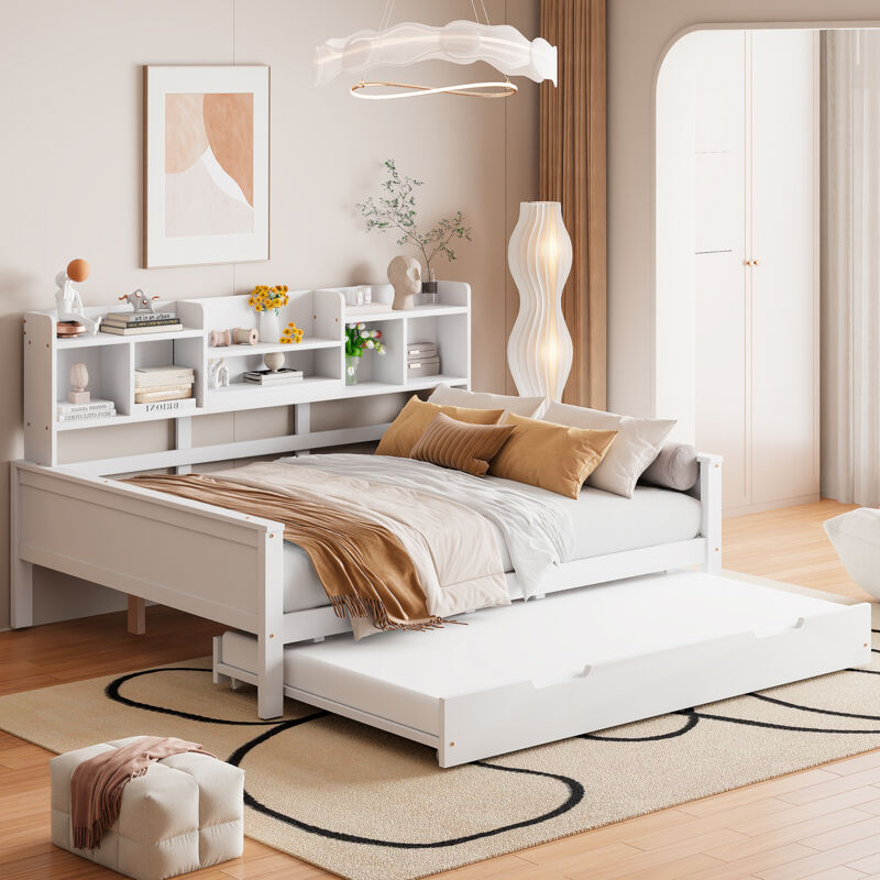 Lit Banquette 140×200 cm, Lit Double avec Lit Gigogne 90×190 cm, Coffre et Étagères, sans Matelas, en Bois, Blanc