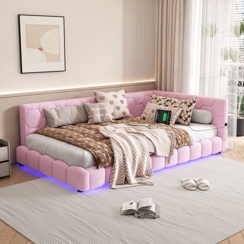 Modernluxe - Lit banquette 90x200cm en velours - avec led et Port usb - Rose