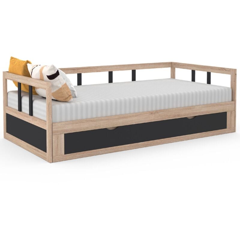 Lit banquette 90 x 190 cm zoya convertible 180 x 190 cm hêtre et noir avec 1 tiroir de rangement