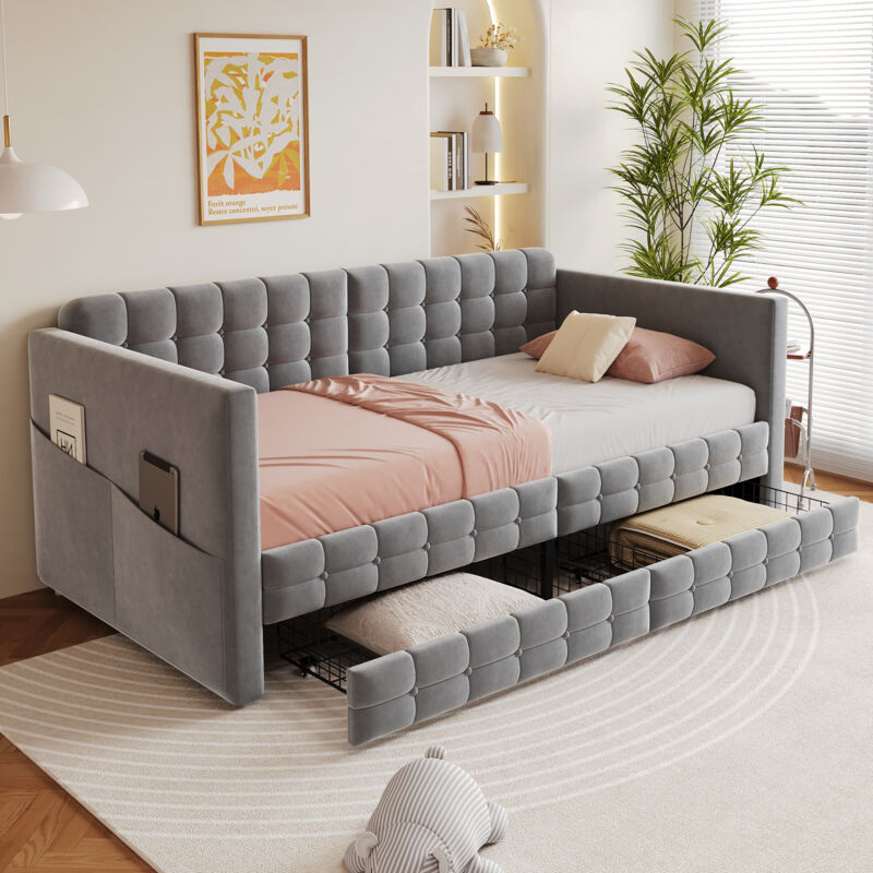 Lit Banquette 90×190 cm, Lit Simple avec 2 Tiroirs, 4 Poches de Rangement et Tête de Lit, sans Matelas, Gris