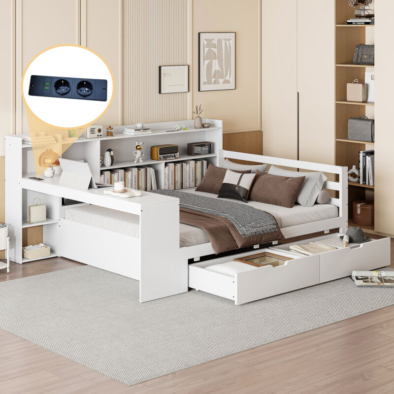 Lit Banquette 140×200 cm, Lit Double avec Bureau, Étagères, 2 Tiroirs et Prise USB, sans Matelas, en Bois, Blanc
