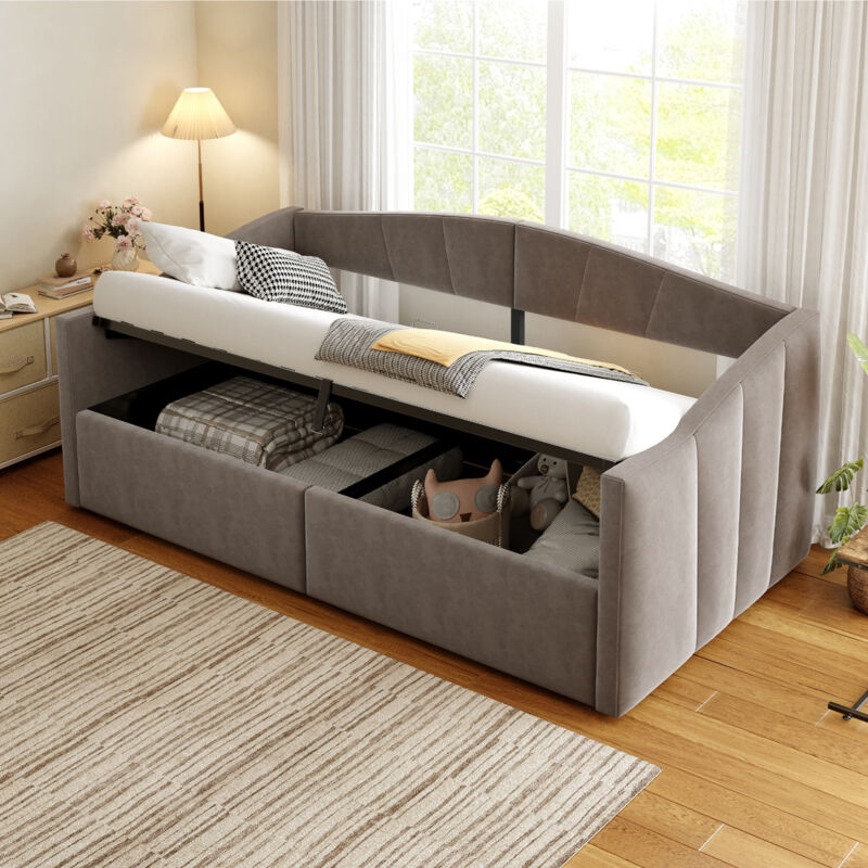 Modenvie Polsterbett 90×200 Mit Lattenrost Und Armlehnen, jugendbett Mit Hydraulischer Stauraum, gepolstertes Schlafsofa Aus Samtstoff, ohne Matratze, grau