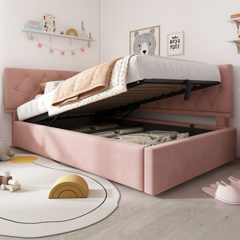 Modenvie Schlafsofa 90x200cm Tagesbett Mit Hydraulischem Stauraum, jugendbett Daybett Mit Lattenrost Aus Holz, ohne Matratze, rosa
